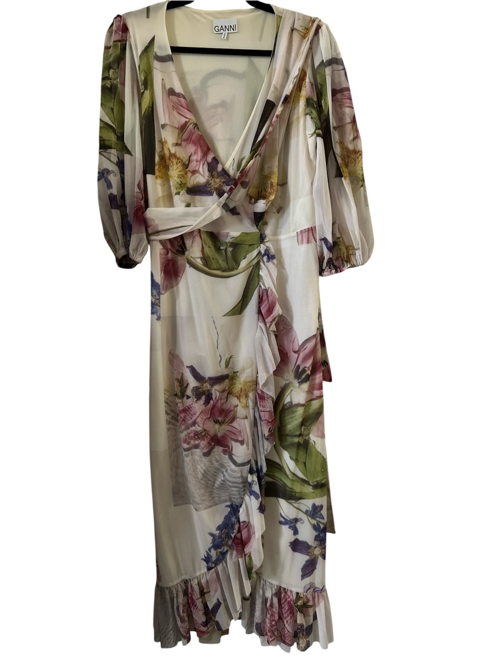 Ganni Cream Floral Wrap Maxi Dress with Green and Purple Accents